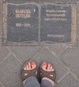 Christie Adams feet on quote plaque at Christchurch